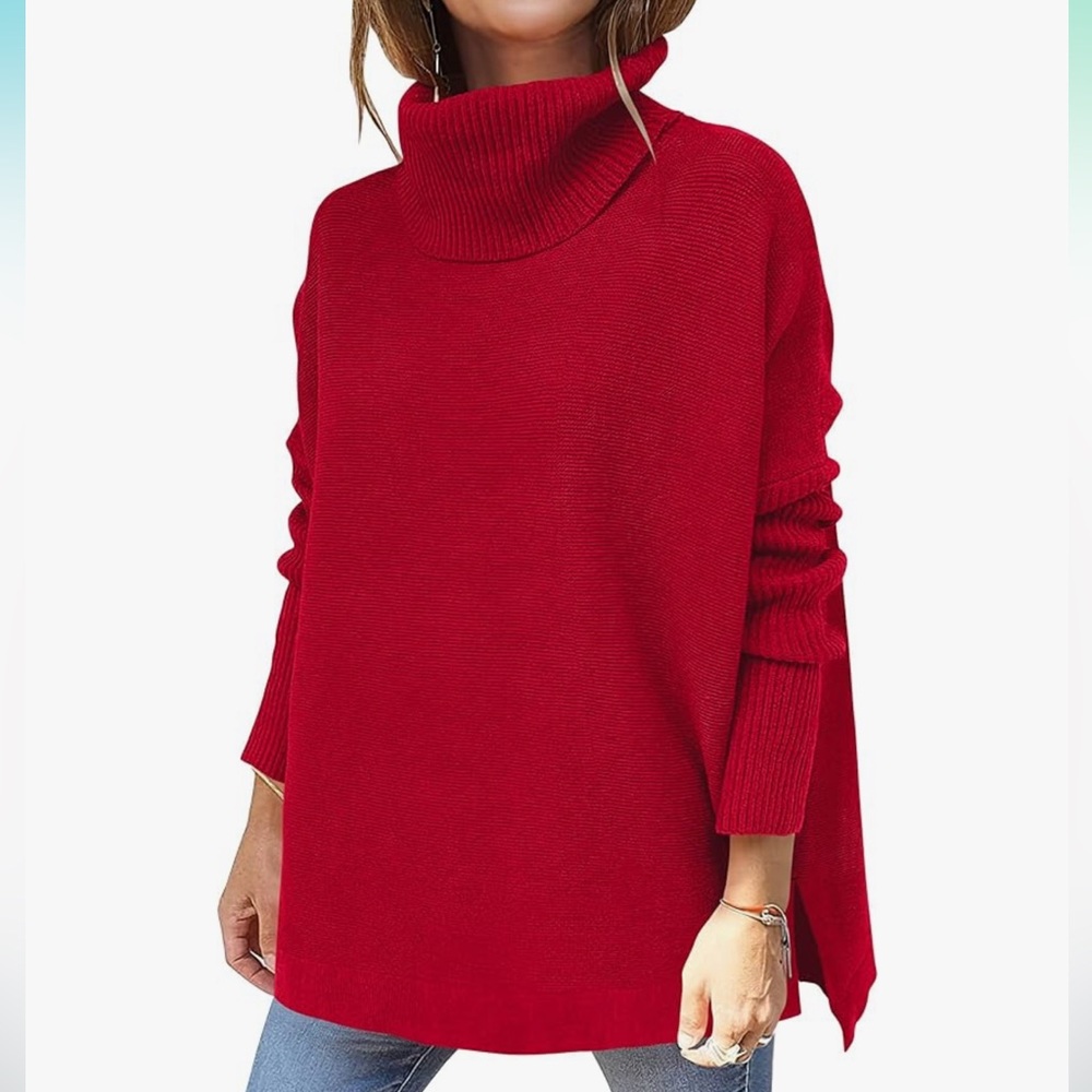 Women's Oversized Turtleneck Batwing Sleeve‎ Spilt Loose Knit Pullover Sweater M